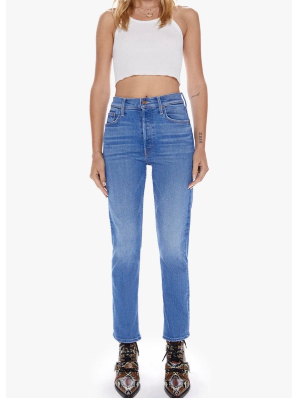 MOTHER The Tomcat Jeans 34 Layover High Rise Straight Leg Button Fly Blue